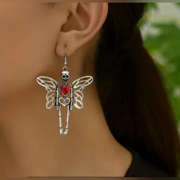 Halloween Earrings “Fairy Skeleton” Silver Red Heart Whimsy Goth Edgy Dangle New - Picture 12 of 12